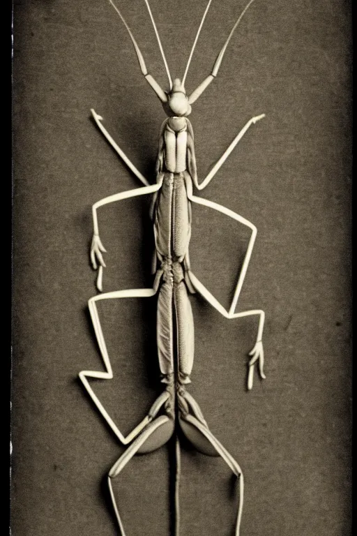 Image similar to anthropomorphic praying mantis, wearing a suit, vintage photograph, sepia