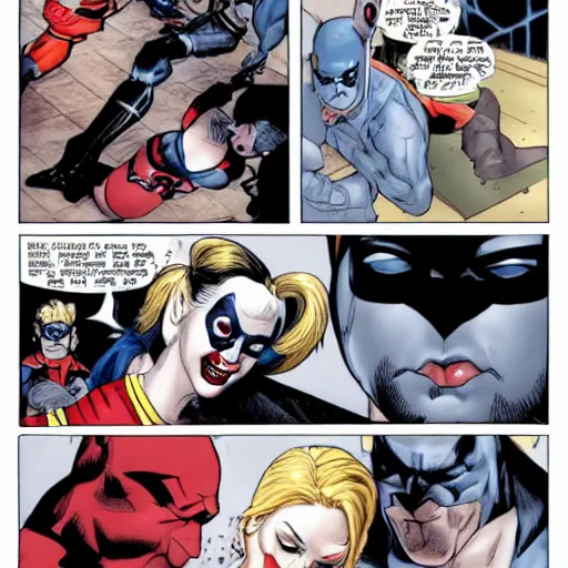 Image similar to harley quinn hitting batman on the head with a baseball bat