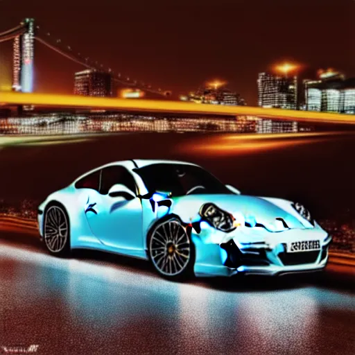 Image similar to photo of a porsche 9 1 1 at night in a city, cinematic, 4 k, long exposure photography, tokyo drift, fast and furious, film still, night photography, motion blur, lens flare, movie shot, light trail, distortion, wide angle, reflections