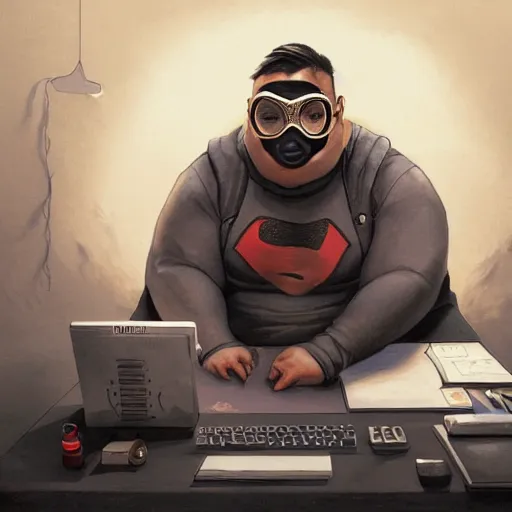 Image similar to an insanely detailed painting of a chubby nerdy asian man wearing a homemade superhero costume and mask, sitting at a computer desk typing on the keyboard, in the style of peter mohrbacher, dramatic lighting and composition, trending on artstation, concept art, comic book, graphic novel, back view