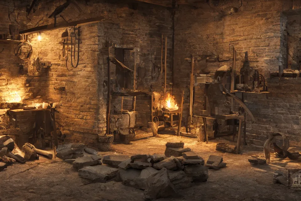 Prompt: blacksmith, smithy forge, smelting furnace, medieval, anvil, stacked metal ingots, single window, realistic, studio lighting, concept art, 8 k