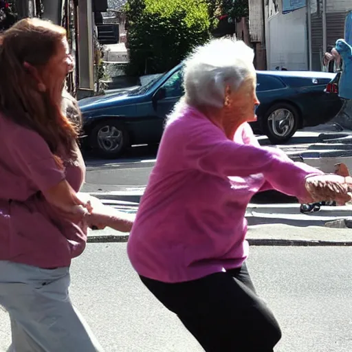 Image similar to candid photo of Aphex Twin chasing an old lady down the street, sunny day,