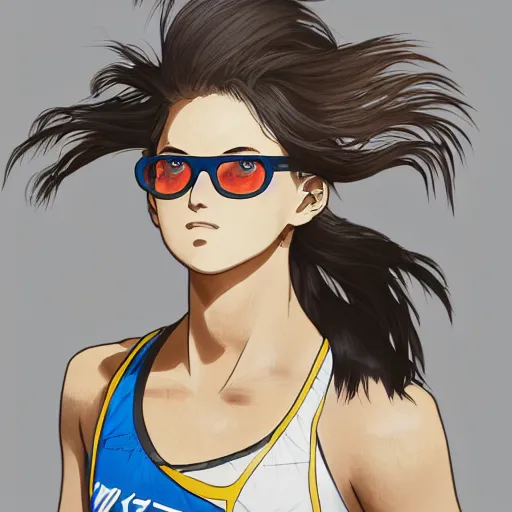 Prompt: anime style, female beach volley player, 8 0 s sport clothing, volley court background, standing pose, sport glasses, hair down, symmetrical facial features, from arknights, hyper realistic, rule of thirds, extreme detail, 4 k drawing, trending on pixiv, realistic lighting, by alphonse mucha, greg rutkowski, sharp focus, realistic anatomy