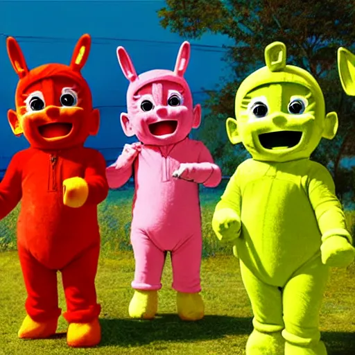 Image similar to anime style Teletubbies as construction workers in a site