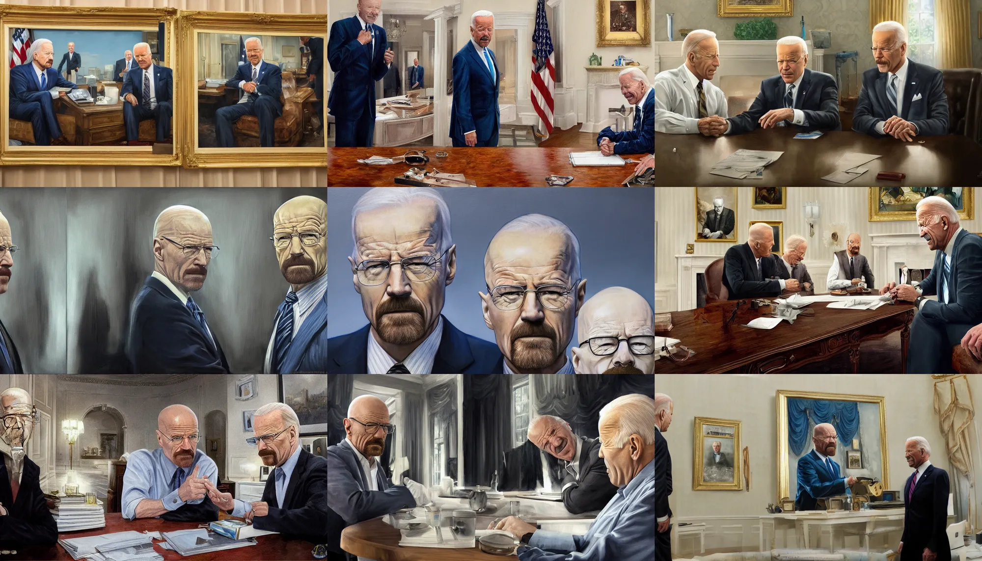 Prompt: Walter White meets Joe Biden in the White House, photorealistic painting, cinematic, hyper realism, high detail