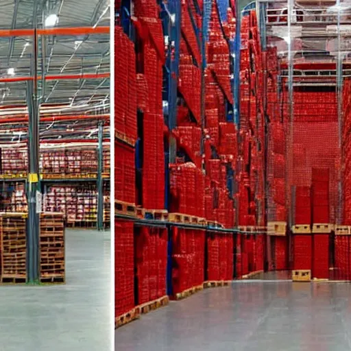 Prompt: two frames of equal size, the first a warehouse full of boxes, the second is exactly the same picture except the boxes are red