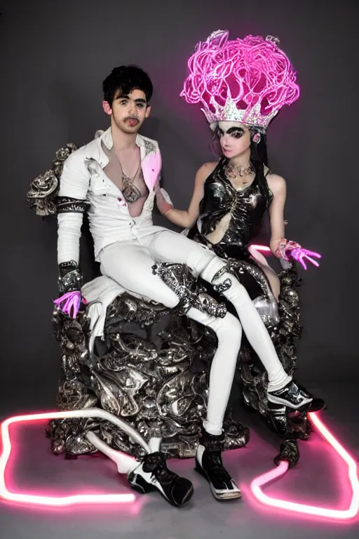 Image similar to full-body rococo and cyberpunk style neon statue of a young attractive Joe Jonas macho dotado e rico android sim roupa reclining con las piernas abertas e la piroca dura, glowing white laser eyes, prince crown of pink gears, diamonds, swirling silver-colored silk fabric. futuristic elements. full-length view. space robots. human skulls. intricate artwork by caravaggio. Trending on artstation, octane render, cinematic lighting from the right, hyper realism, octane render, 8k, depth of field, 3D