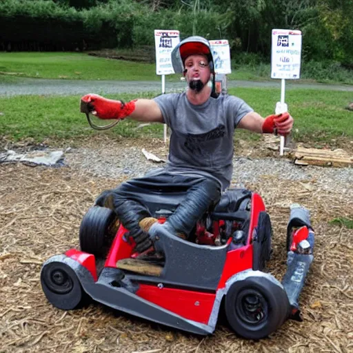 Image similar to chainsaw arm guy in a gocart