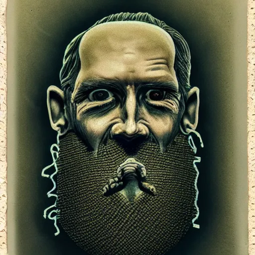 Image similar to portrait of the exiled god, polaroid, cosmic horror, photo, lovecraft, flesh, nightmare, demon, old man, beard, no eyes,