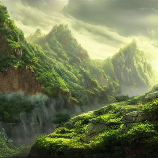 Prompt: epic concept art of a lush natural scene on an alien planet. very detailed. beautiful landscape. weird vegetation. cliffs and water. featured on deviantart.