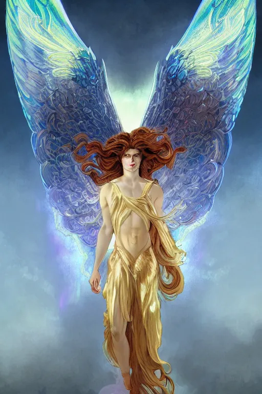 Image similar to symmetrical fullbody portrait of a beautiful young fit male angel with curly blond hairs, fulldressed in long fluent clothes, majestic big red bat wings, luminous fire halo, by greg rutkowski and alphonse mucha, gradient white to gold, in front of an iridescent background, highly detailed portrait, digital painting, artstation, concept art, smooth, sharp focus illustration