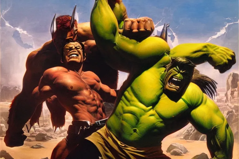 Image similar to Wolverine fighting the Hulk by Frank Frazetta and by Joe Jusko and by Alex Ross, oil painting, detailed, proportional, trending on art station, 4k