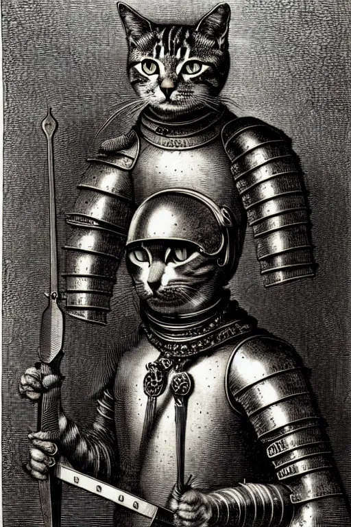 Image similar to engraving portrait of humanoid cat in medieval armoury by gustave dore