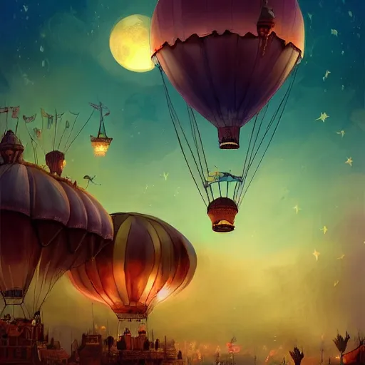 Image similar to a beautiful stunning fantasy whimsical matte digital illustration of a hot - air balloon race at night by marc simonetti, pastel color palette, disney steampunk, chiaroscuro magical bokeh moon stars, trending on artstation hq, masterpiece