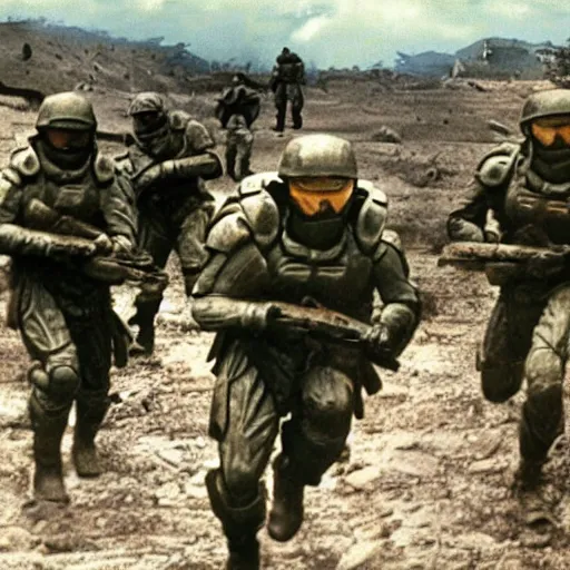 Image similar to halo spartans in world war 2, old movie, dramatic, detailed, colorized, recolor, old movie scene, 1 9 4 0 france