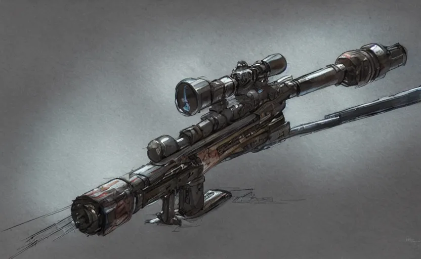 Image similar to concept art of a sniper rifle in futuristic, fantasy, steampunk, pinterest, artstation trending, behance, watercolor, by coby whitmore, silver, laser light,