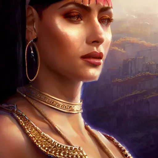 Prompt: closeup portrait of a young mia kunis as cleopatra, palace background, dramatic light, gorgeous view, depth, high detail, digital art, painted by greg rutkowski, trending on artstation