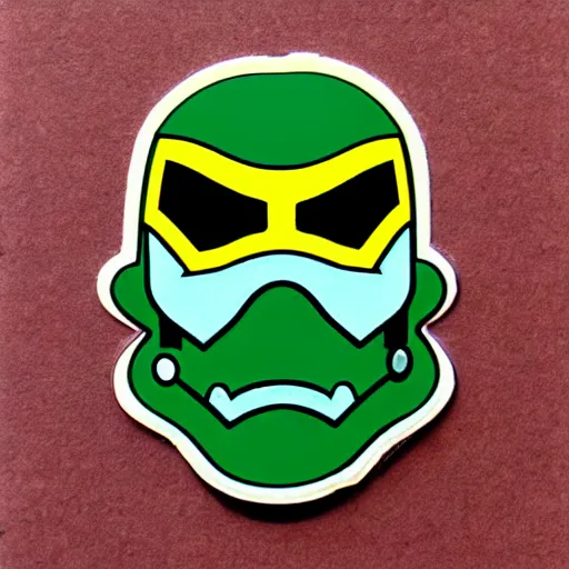 Image similar to portrait of a mutant chronicles bauhaus doomtrooper, wearing green battle armor, a yellow smiley sticker centered on helmet, by moebius