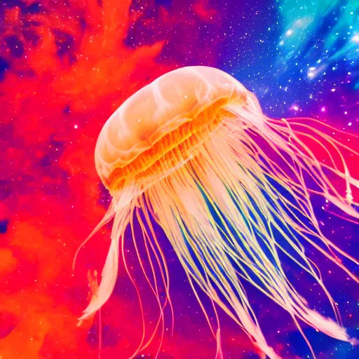 Image similar to psychedelic lions mane jellyfish swimming through space, colorful, nebula, concept art, universe, cinematic, 8 k,