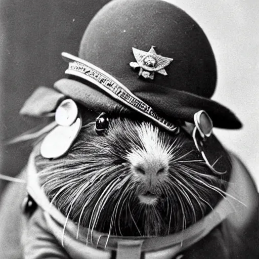 Image similar to a black and white photograph of a guinea pig wearing a russian world war 1 uniform