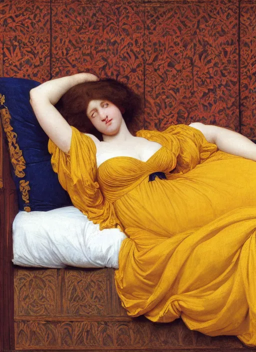 Image similar to masterpiece portrait of lady reclining on bed wearing yellow ochre ornate medieval dress, vertical, foreshortening, colour photography by frederic leighton, william morris, 8 k