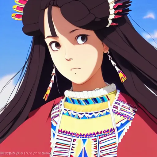 Image similar to a beautiful! plus sized native women instagram model, brown skin, wearing elegant catholic school girl designer fashion with mayan pattern and native style, aztec street fashion, gapmoe yandere grimdark, trending on pixiv fanbox, painted by greg rutkowski makoto shinkai takashi takeuchi studio ghibli, akihiko yoshida