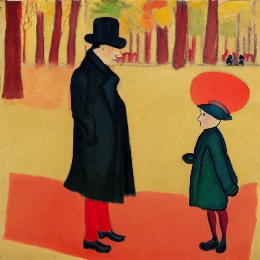 Image similar to A thin man in a black coat and bowler hat talks with small girl who is dressed in a red coat and a red hat, park, autumn, 1923, in the style of Oskar Kokoschka, wide angle, high detail, width 768