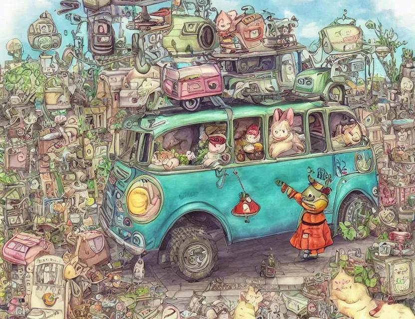 Image similar to cute and funny, a garden gnome driving a steampunk bus, a cat on the roof holding on, ratfink style by ed roth, centered award winning watercolor pen illustration, isometric illustration by chihiro iwasaki, edited by range murata, tiny details by artgerm and watercolor girl, sharply focused