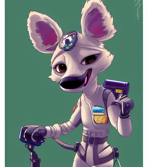 Image similar to digital detailed full body of anthromorphic female hyena, in style of zootopia, fursona, furry, furaffinity, 4 k, deviantart, wearing astronaut outfit, in style of zootopia, floating in space, space background, in deep space, dark background, hyena fursona, cyberpunk, female, stylized face,