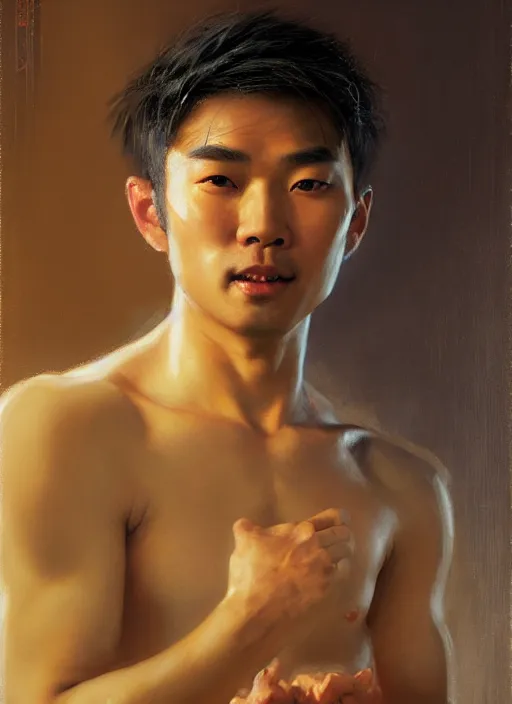 Image similar to young asian man, god of starlight, short flowing hair, modest flowing gown, smug expression, highly detailed painting by gaston bussiere, craig mullins, j. c. leyendecker 8 k, sparkling nebula