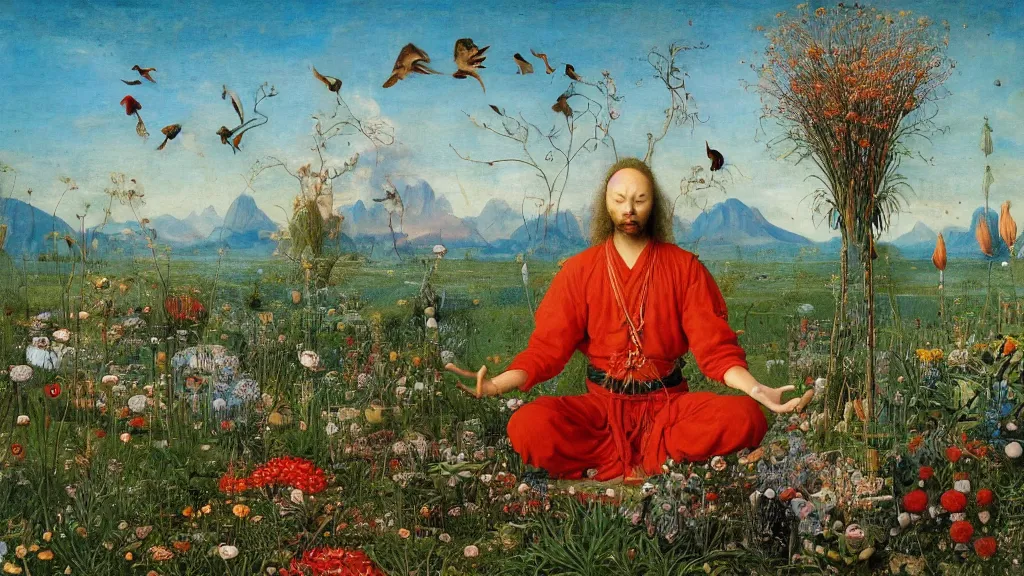 Image similar to a fish eye lense photograph of a meditating druid shaman surrounded by towering bulbous flowers. wide landscape with mountains, river delta. clear blue sky with stars and birds. painted by jan van eyck, max ernst, ernst haeckel and ernst fuchs. trending on artstation, 8 k, award winning, fashion editorial, mythology, photorealistic, cacti everywhere