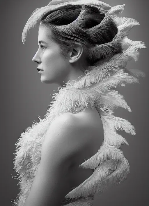Image similar to a woman's face in profile, made of elaborate swan feathers, in the style of the Dutch masters and Gregory Crewdson, dark and moody