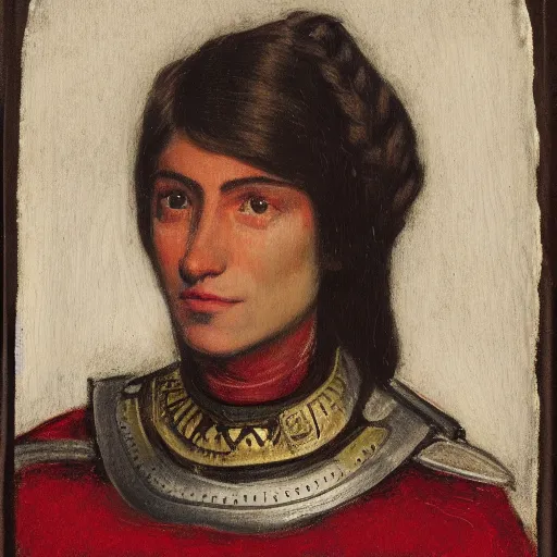 Prompt: head and shoulders portrait of a female knight, aztec, tonalist, symbolist, realistic, ambrotype, baroque, lorica segmentata, detailed, modeled lighting, lorica segmentata, palette knife, viridian and venetian red, angular, squinting, raven
