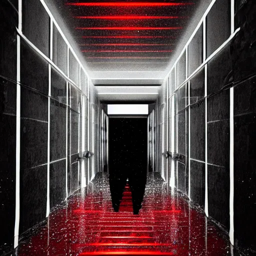 Prompt: photograph of an extremely dark narrow hallway with glowing humanoid cryptid made out of black and white static, dark deep black shadows, red and black color contrast in the style of trevor henderson, liminal space, 3 d octane render, glitch effect