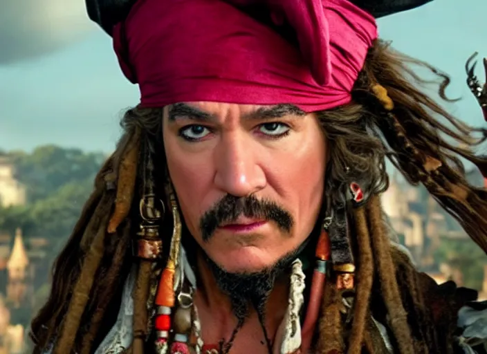 Image similar to ethan kline as a flamboyant pirate, movie still, from the new pirates of the caribbean movie, 8 k, realistic