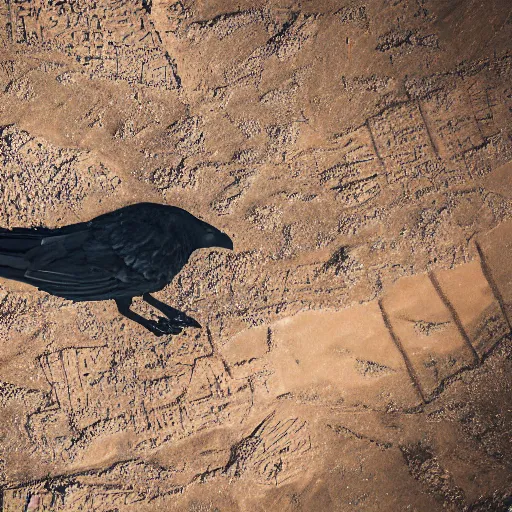 Image similar to Cinematic reverse aerial angle telephoto f2.8 iso 640 over the shoulder of a battle-worn survivor looking over a mid 1800s coal-mining town in the sweltering desert heat, crows in the sky. Photorealistic, award winning, ultra high resolution, intricate details, UHD 8K