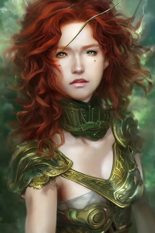 Image similar to A realistic anime portrait of long curly haired redhead female ranger wearing an intricate fantasy ranger outfit, asian facial features, green eyes, digital painting, by Stanley Artgerm Lau, Sakimichan, WLOP and Rossdraws, digtial painting, trending on ArtStation, SFW version