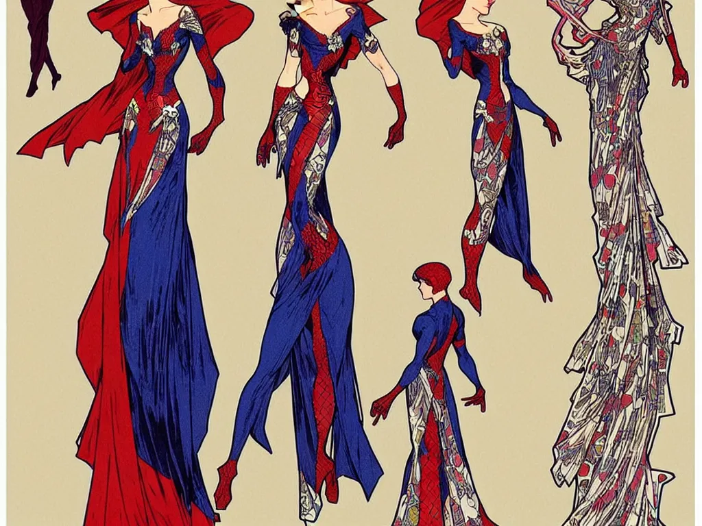 Image similar to 4 elegant full length spider man dress designs with natural history prints designed by alphonso mucha