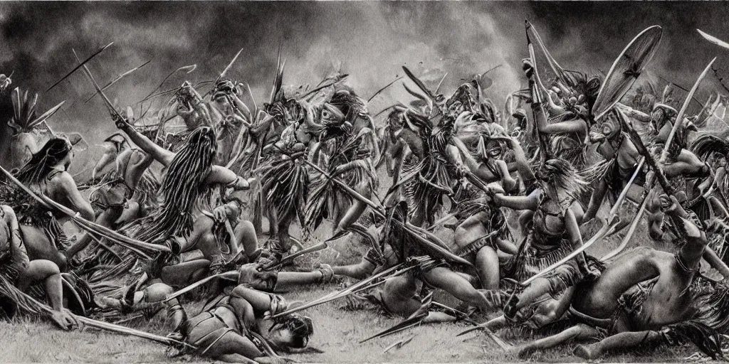 Prompt: movie, beautiful distanced aztec warrior female tribes attack each other,bows and arrows, spears, epic, vintage, black and white, Boris vallejo, sepia, apocalypto