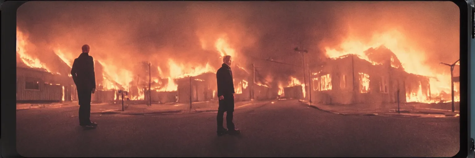 Prompt: detailed medium format photo, polaroid still from a scandinavian movie, sleazy man watching night streets while a single house burns in the background, haze, high production value, intricate details, 8 k resolution, hyperrealistic, hdr, photorealistic, high definition, tehnicolor, award - winning photography, masterpiece, amazing colors