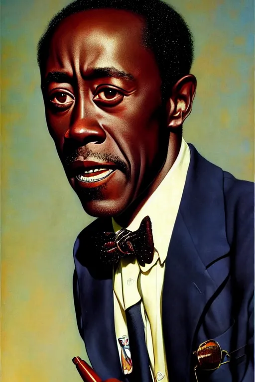 Image similar to don cheadle by gil elvgren and norman rockwell and rob gonsalves and hajime sorayama, hyperrealistic, high detail, ultra detailed, highly detailed face, ruffled fabric