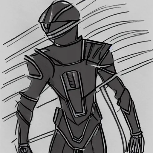 Image similar to simple quick pencil sketch storyboard, a man wearing futuristic sleek gauntlets, chest piece and helmet powers up as pulsing lines of energy swirl around him