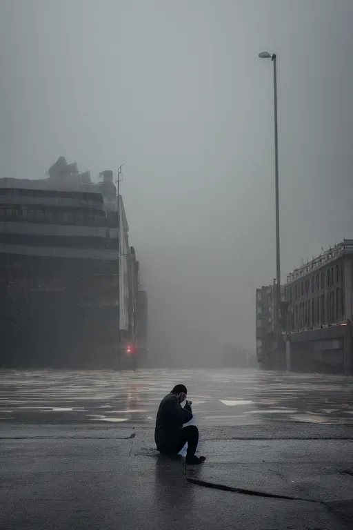 Image similar to Photo of a man sitting on the grey color car roof in the heavy rain at the city that sank , outdoor lighting, dynamic lighting, volumetric, wide angle, anamorphic lens, go pro, 4k