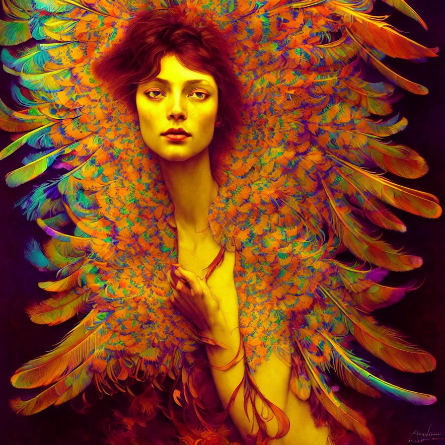 Image similar to face of innocent psychedelic transcendent feather mind bending psychedelic wings of glossy liquid honey flowing like kaleidoscopic translucent holograph, lsd feathers, feathery fluff, enlightenment, high contrast dappled lighting, refracted sunset, highly detailed, concept art, art by collier, albert aublet, krenz cushart, artem demura, alphonse mucha