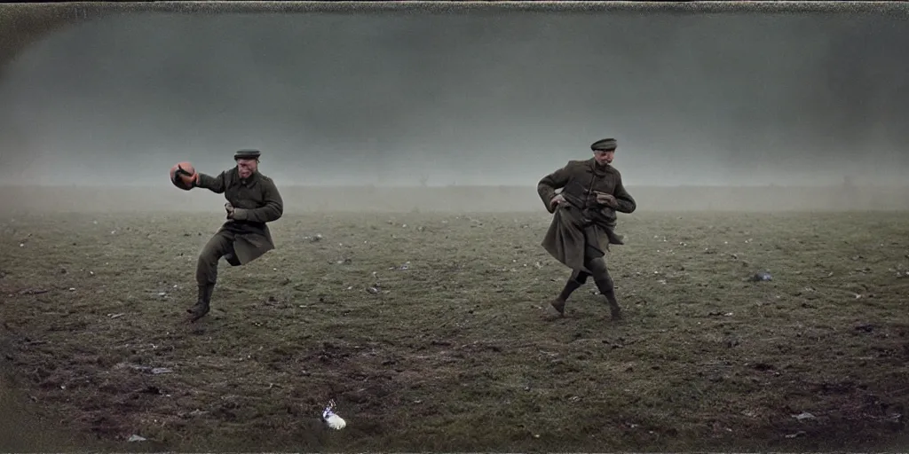 Image similar to detailed medium format photo, polaroid still from tarkovsky movie, erling haaland playing football on a ww 1 battlefield, haze, high production value, intricate details, 8 k resolution, hyperrealistic, hdr, photorealistic, high definition, tehnicolor, award - winning photography, masterpiece, amazing colors