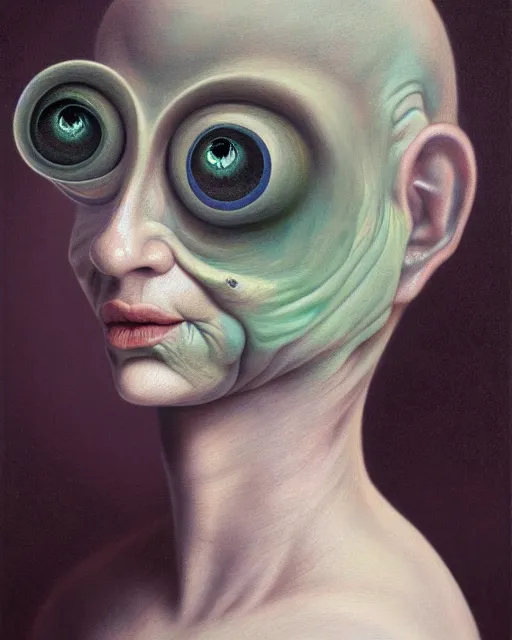 Prompt: strange, looming head, biomorphic painting of a woman with large eyes, pastel colours by, rachel ruysch, and charlie immer, highly detailed, fluid acrylic, airbrush art, timeless disturbing masterpiece