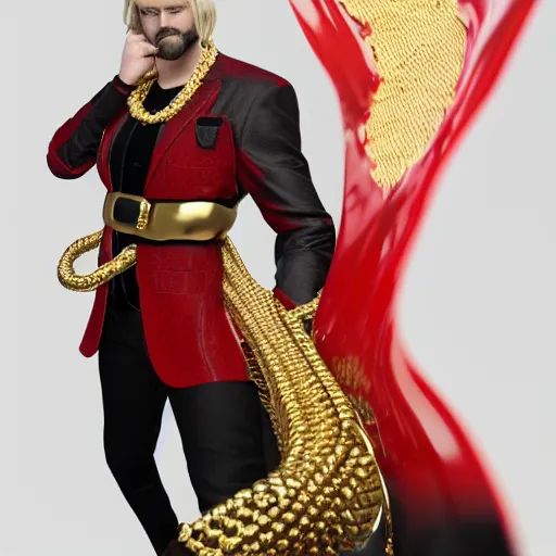 Image similar to a highly detailed full-length man with blond hair, a dark beard, in black and red clothes, with a gold chain and a gold belt, artstation, DeviantArt, professional, octane render