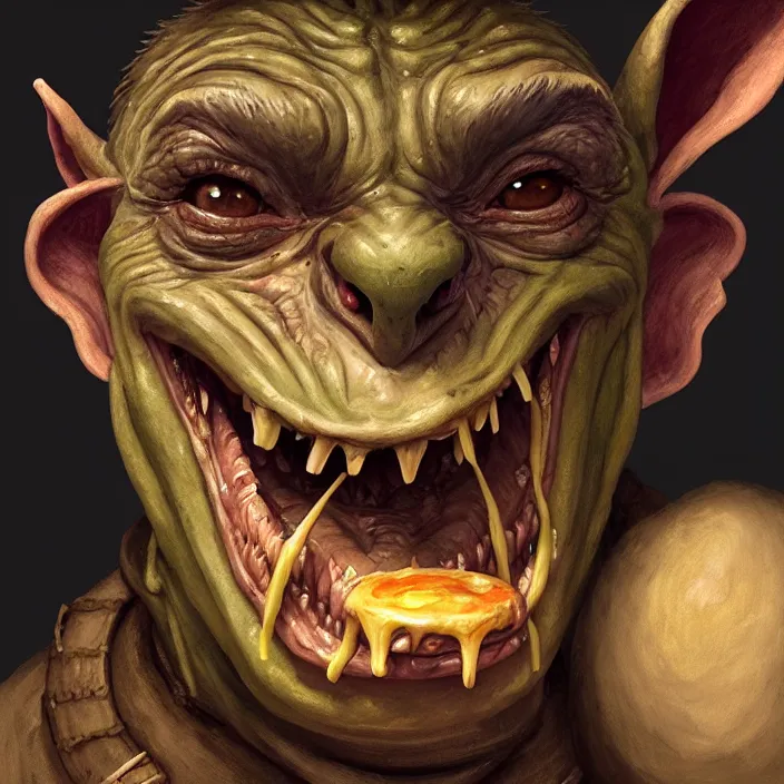 Image similar to profile face portrait of a medieval goblin eating cakes in the cloisters, beautiful face, hyper realistic, highly detailed, digital painting, artstation, illustration, concept art by hyung tae and frank frazetta, digital paint, matte paint, washed colors, dark, gloomy