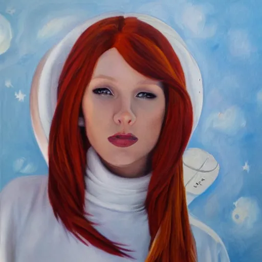 Image similar to redhead fashion model astronaut portrait, realism oil painting