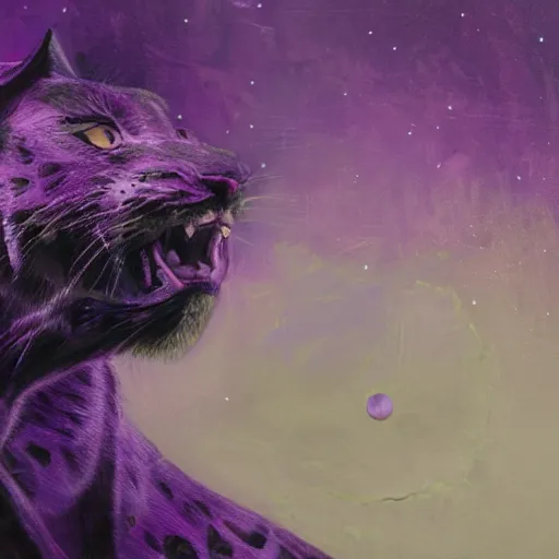 Prompt: closeup of a purple panther roaring at the moon in the forest. night. large moon in the center. z. ara. b cinematic. painting. concept art. rustic. gritty.
